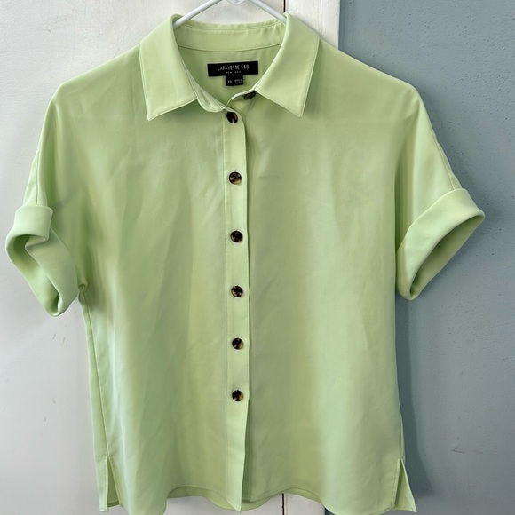 Lafayette 148 New York Button Down Short Sleeve Blouse Top Key Lime Green - Picture 1 of 8